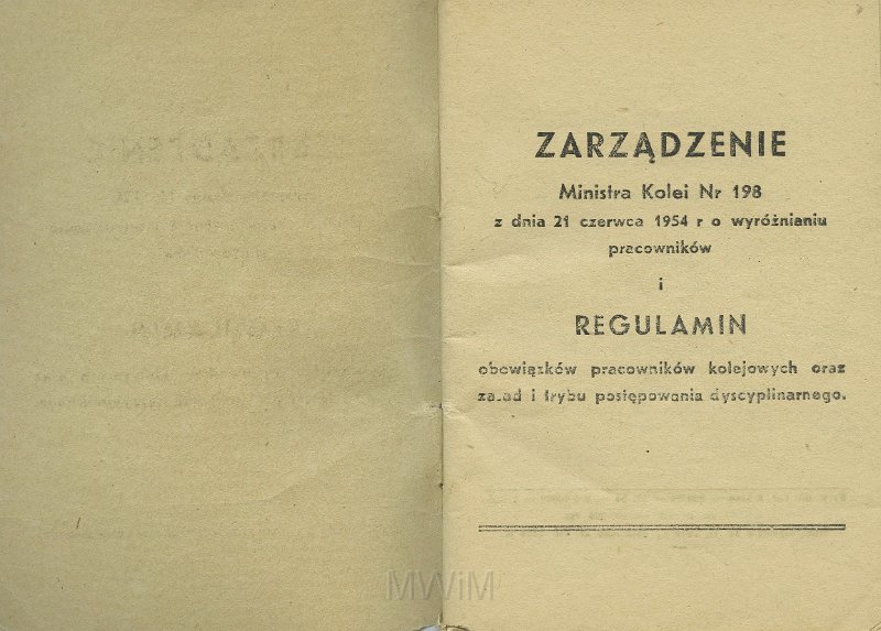 KKE 5517-2.jpg - Dok. „Zarządzenie Ministra Kolei” Nr. 198 z dnia 21 VI 1954 r. o wyróżnianiu pracowników i Regulamin obowiązków pracowników Kolejowych oraz zasad i trybu postępowania dyscyplinarnego, Kraków, 1954 r.